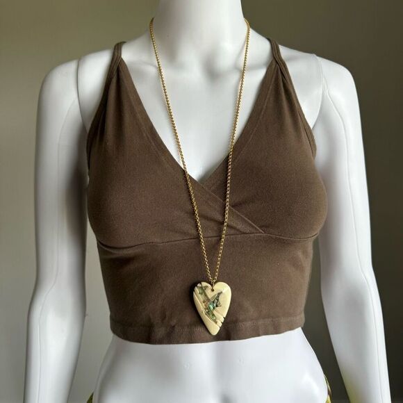 Vintage Abalone Inlay Shell Heart Lucite Necklace On Gold Tone Chain - Picture 6 of 8